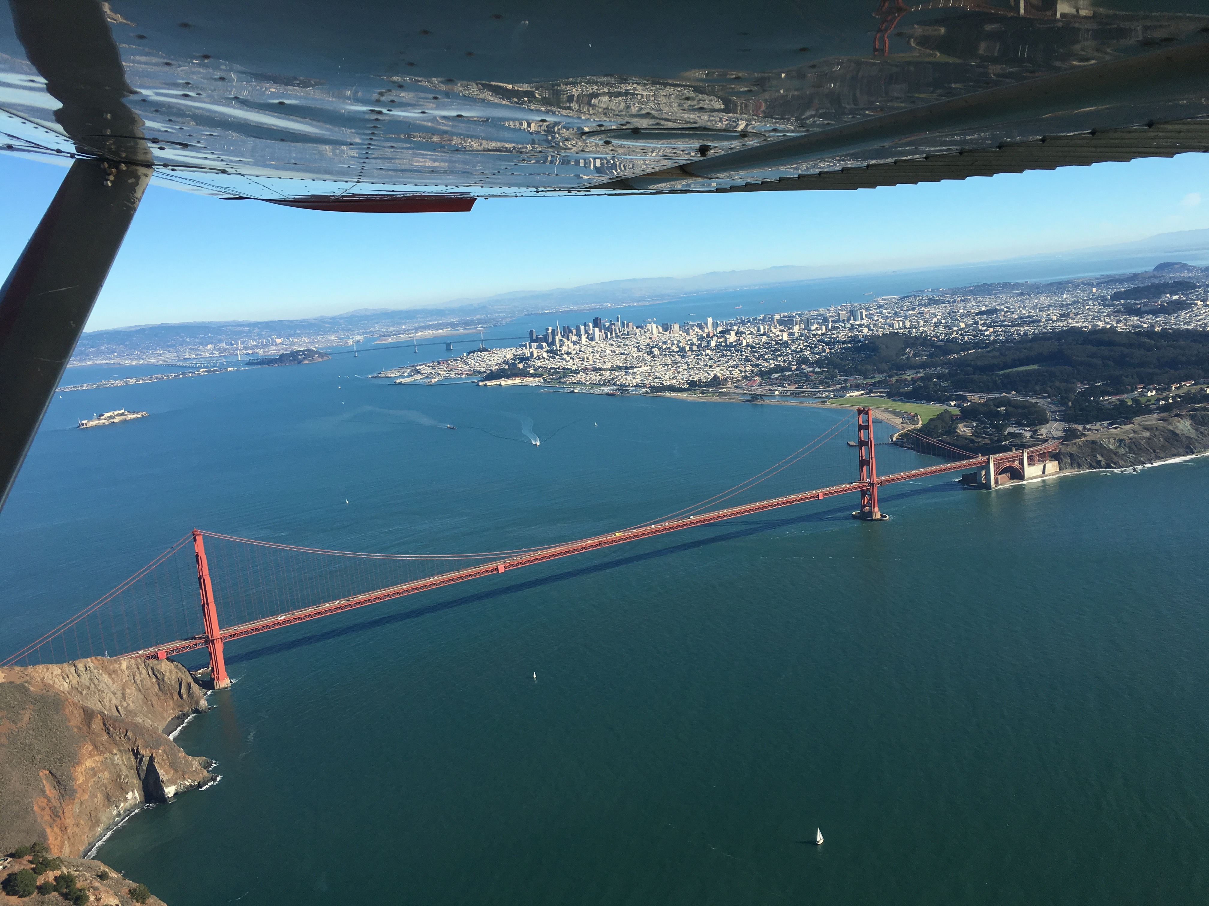 Aerial view of the Golden Gate Bridge from a small aircraft